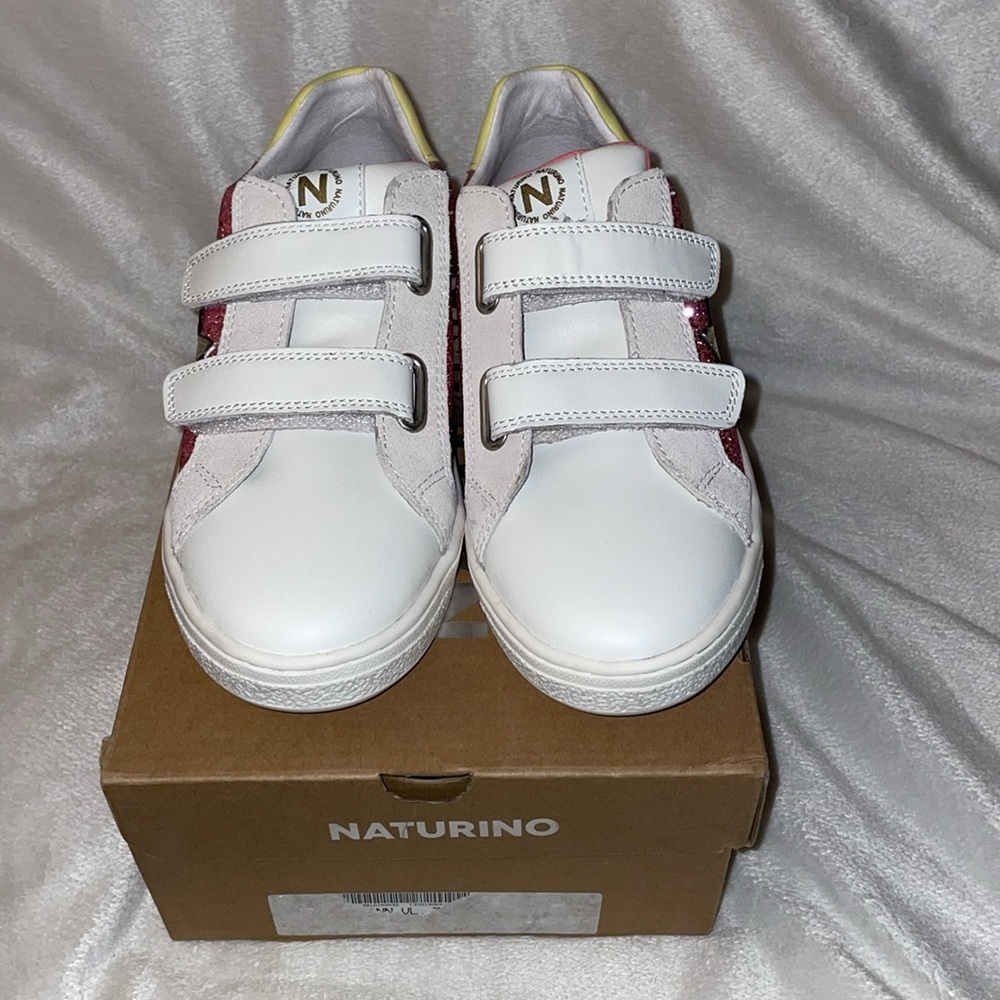 NWT Naturino Girl's Pinn Vl Sneaker in White/Fuchsia/Paglia - Picture 8 of 15